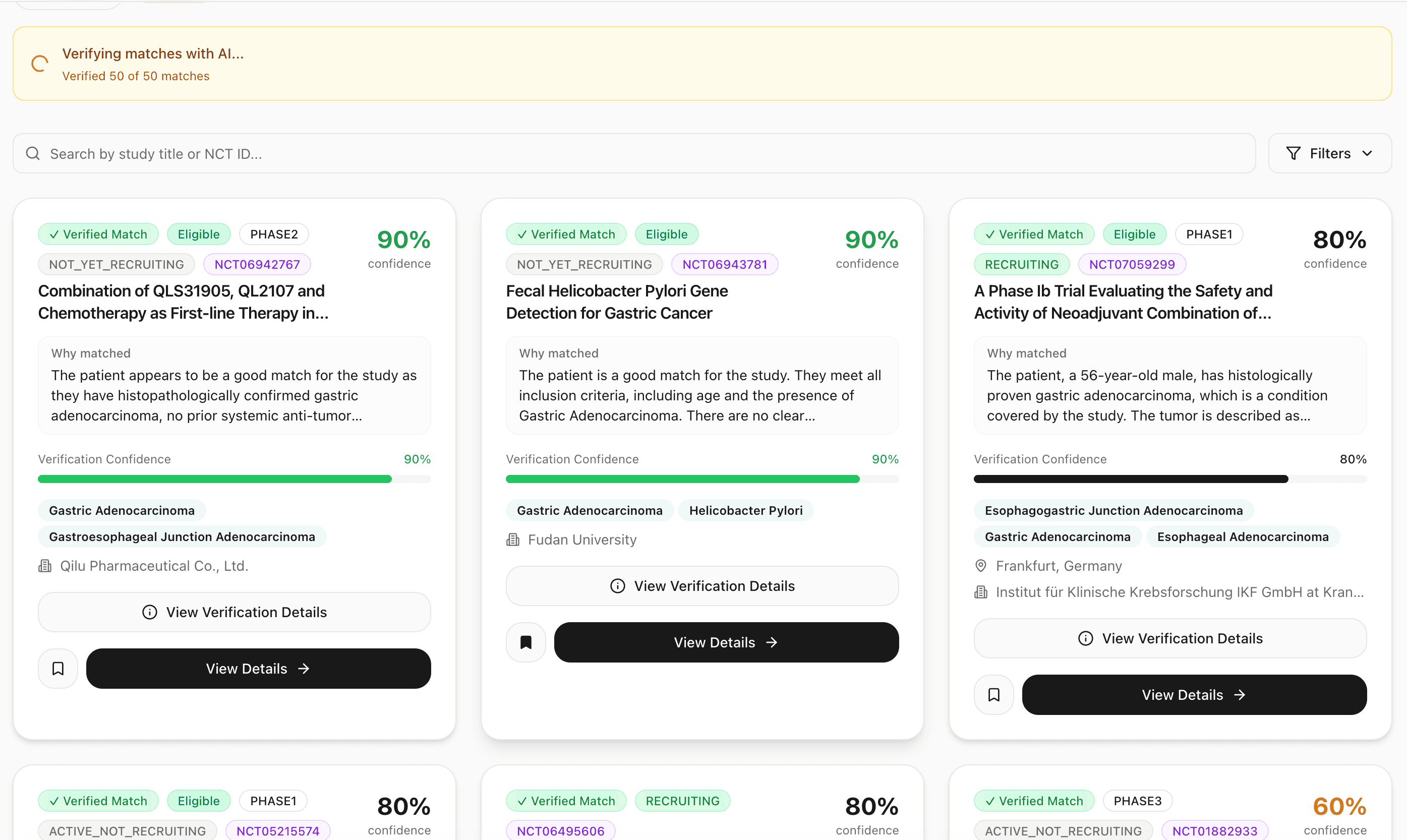 StudyFinder dashboard showing matched clinical trials